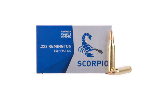 STV Technology Scorpio 223 Remington 55gr FMJ ammunition with brass cases.